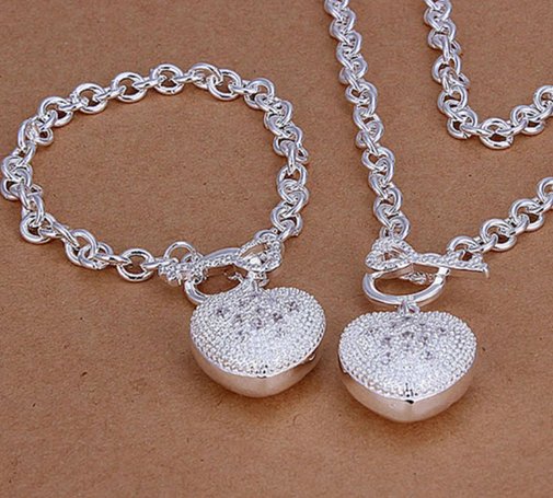 925 Sterling Silver AAA Zircon Heart Bracelet and Necklace Set