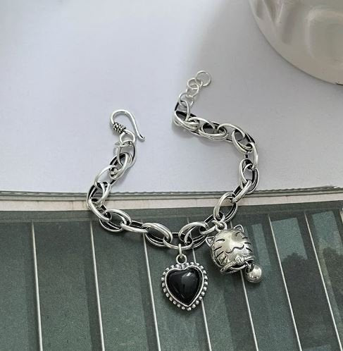 925 Sterling Silver Bell & Black Heart Resin Charm Bracelet