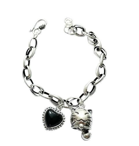 925 Sterling Silver Bell & Black Heart Resin Charm Bracelet