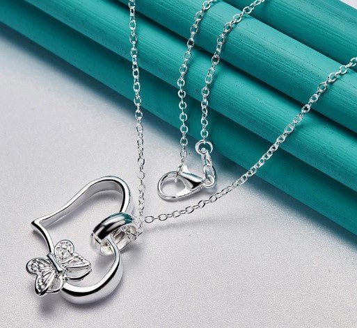 925 Sterling Silver Butterfly Heart Pendant Necklace