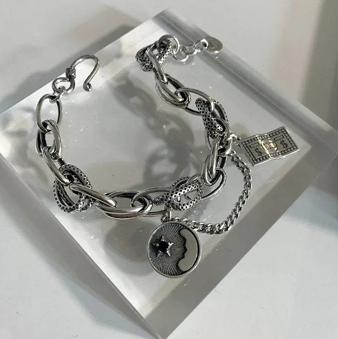 925 Sterling Silver Dollar & Sun Charm Bracelet