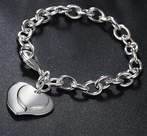 925 Sterling Silver Double Heart Pendant Bracelet