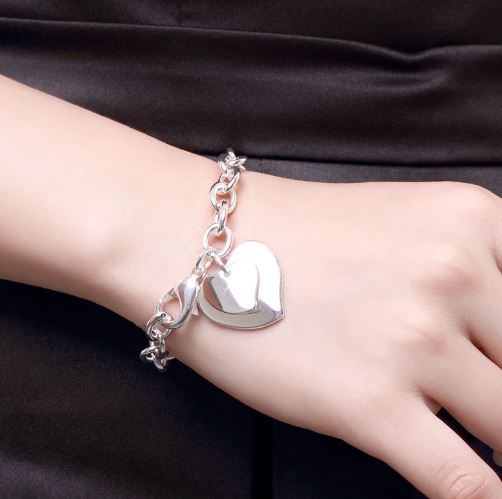 925 Sterling Silver Double Heart Pendant Bracelet