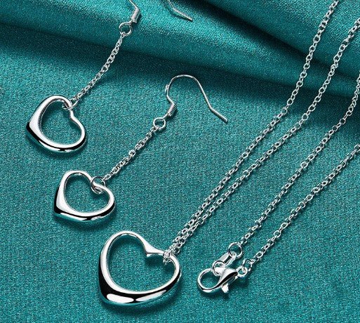 925 Sterling Silver Heart Necklace Earring Set