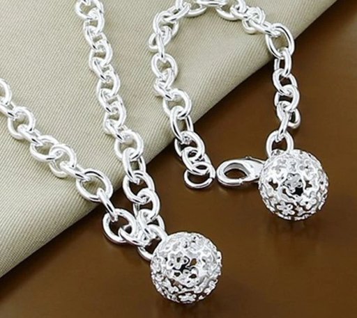 925 Sterling Silver Hollow Ball Necklace and Bracelet Set