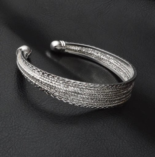 925 Sterling Silver Multi-line Bangle Bracelet