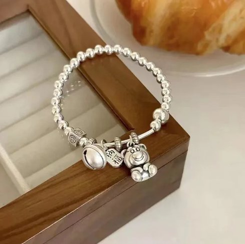 925 Sterling Silver Strawberry Bear Fortune Bell Bracelet