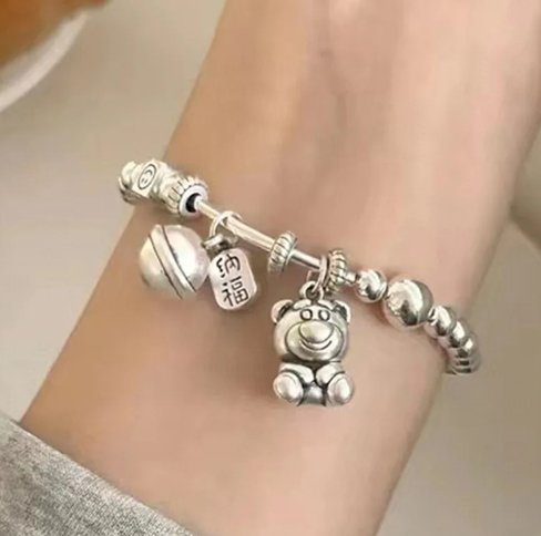 925 Sterling Silver Strawberry Bear Fortune Bell Bracelet