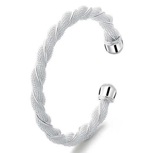 925 Sterling Silver Wide Braided Bangle Bracelet