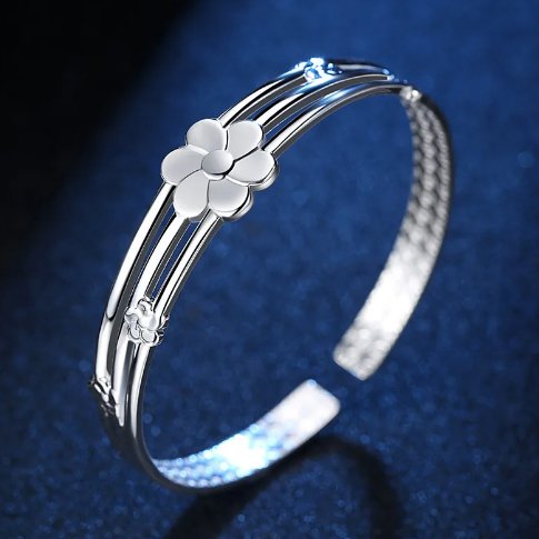 Adjustable Flower Bracelet Silver Women Cuff Bracelet