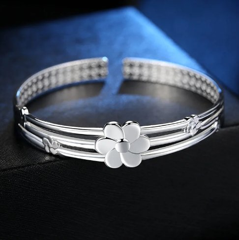 Adjustable Flower Bracelet Silver Women Cuff Bracelet