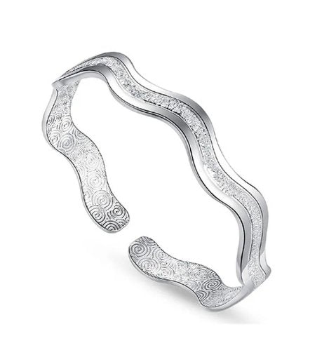 Shiny Ripple Whirl 925 Sterling Silver Open Cuff Bracelet