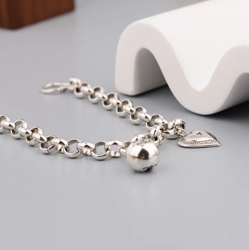 Silver Hiphop Thick Heart Ball Bracelet