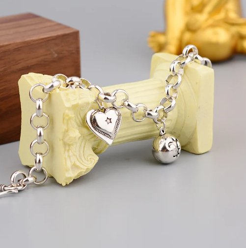 Silver Hiphop Thick Heart Ball Bracelet