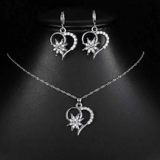 Silver Love Heart Flowers Earrings and Necklace Set