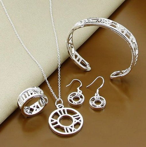 Silver Roman Numerals Earring Bangle Necklace Ring Set