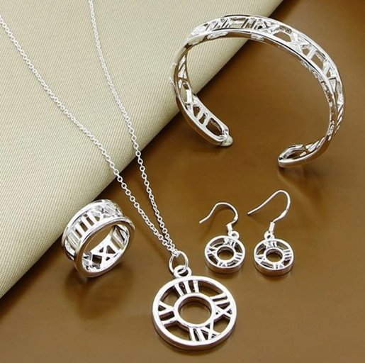 Silver Roman Numerals Earring Bangle Necklace Ring Set