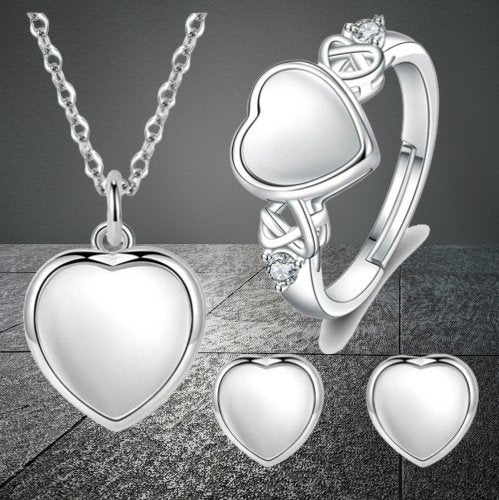 Sterling Silver Heart Ring, Earring, Necklace Elegant Women's Set