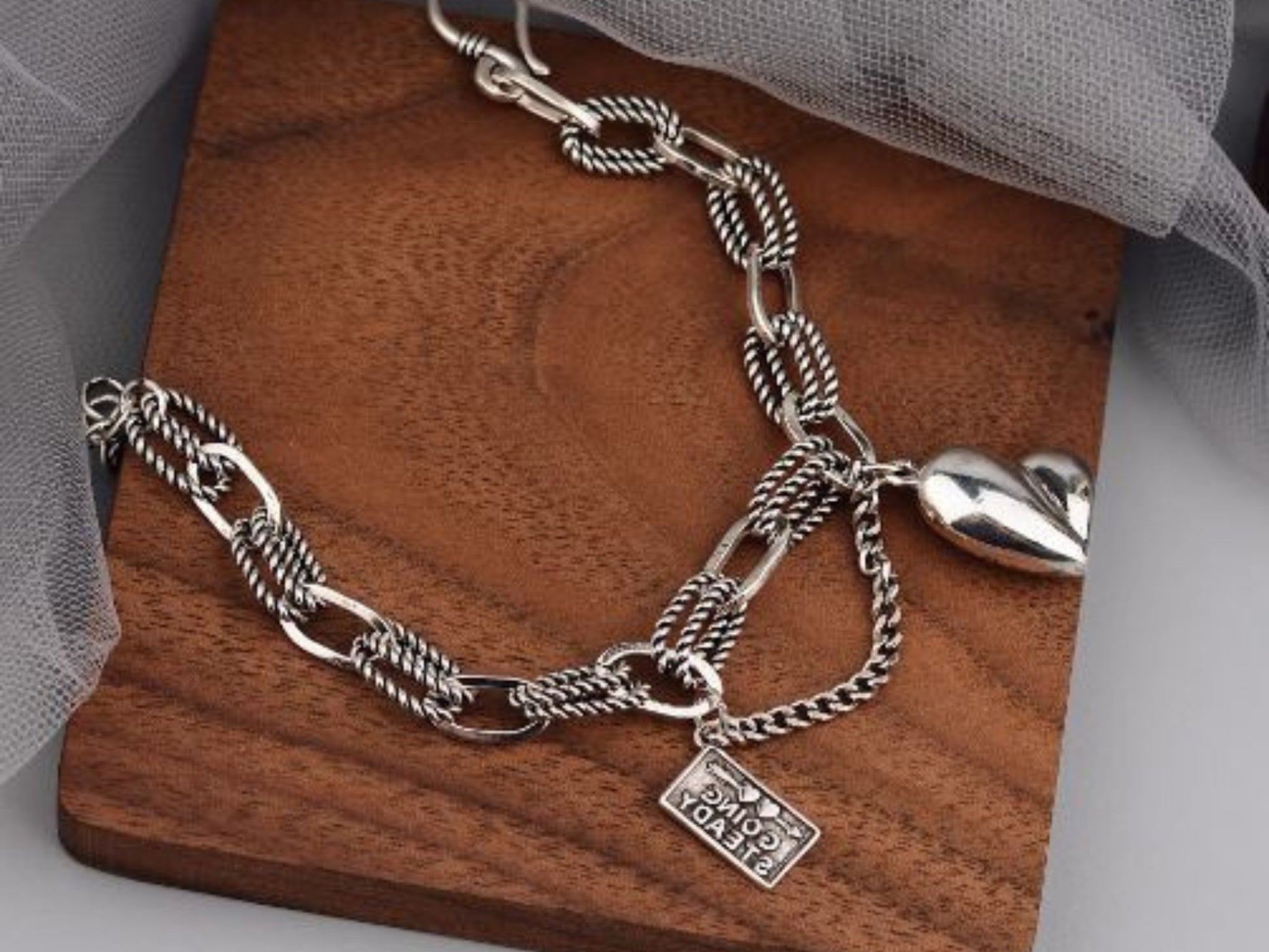 Sterling Silver Hiphop Thick Heart Bracelet