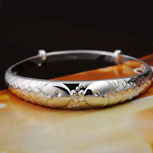 Sterling Silver Retro Double Fish Lucky Bangles For Women