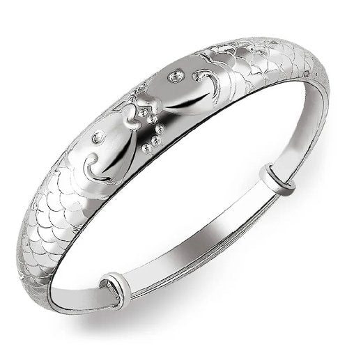 Sterling Silver Retro Double Fish Lucky Bangles For Women