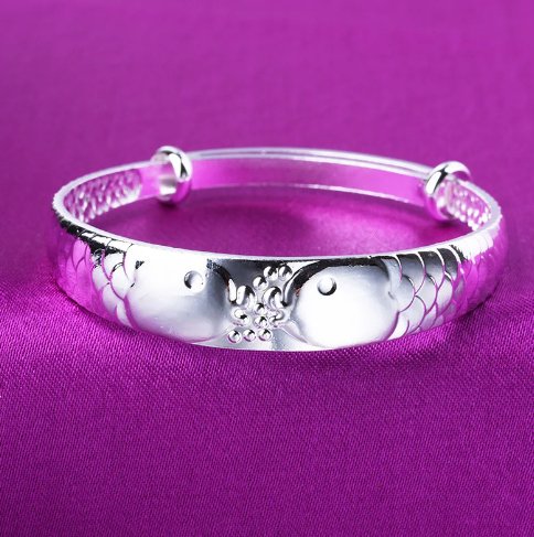 Sterling Silver Retro Double Fish Lucky Bangles For Women