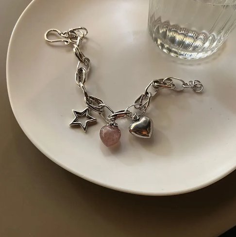Strawberry Quartz Heart & Star Charm Bracelet
